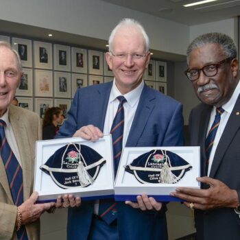 Clive Llyod and Jack Simmons being presented with there Lancs Cricket Hall Of Fame Caps.