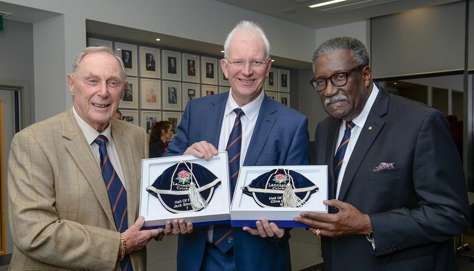 Clive Llyod and Jack Simmons being presented with there Lancs Cricket Hall Of Fame Caps.