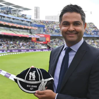 Wasim Khan posing with his Warwickshire CCC presentation cap.