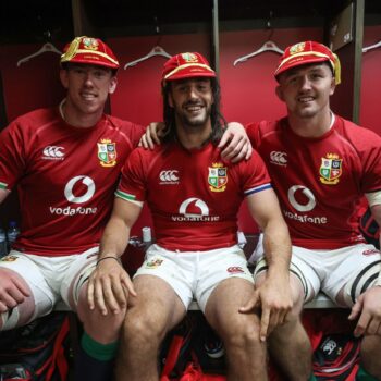 Adam Beard, Josh Navidi and Tom Currey pose in there new British and Irish Lions Honour Caps