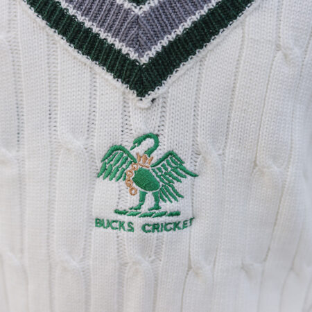 Embroidered logo on traditional cricket jumper